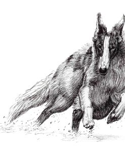 An artwork of a borzoi running through sand